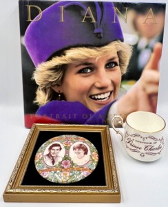 lot 292 image: Princess Diana Book, Diana & Charles Commemorative Royale Wedding STAFFORDSHIRE Ceramic Framed Plaque & PARAGON Fine Bone China Prince Charles Souvenir Cup