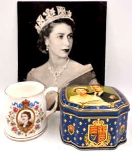 lot 293 image: QUEEN ELIZABETH II Collector items Including a Photo, GEORGE W. HORNER & Co. LTD Souvenir of the Coronation Tin & ROYALE ALBERT Coronation Cup