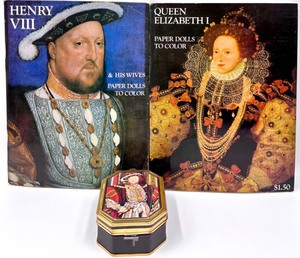 lot 297 image: Vintage HENRY VIII - QUEEN ELIZABETH I Paper Dolls to Color Books & Henry VIII Candy Tin