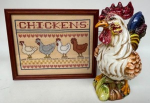 lot 163 image: Vintage Ceramic ROOSTER With Framed Country CHICKEN Cross Stitch Picture