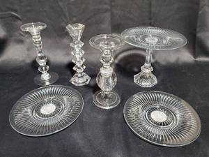 lot 255 image: Elegant Glassware Lot Multiple Glass Plates and Candlestick Holders