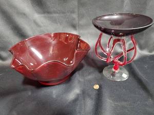 lot 260 image: Lot of Ruby Red Glass Bowl and Compote