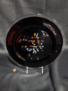 lot 262 image: Vintage Murano Style Black Art Glass Plate with Embedded Color Accents