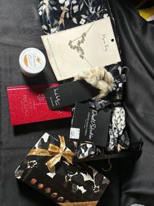 lot 704 image: Mixed Holiday Gift Set Plush Throw, Necklace, Book, Tea, Faux Fur Bottle Topper, and Chocolates