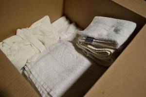 lot 27 image: Lot of White Towels, Bathrobes, and Shower Cap