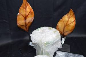 lot 45 image: Decorative Lot with Metal Leaf Figures, Glass Vase, and Glass Bowl