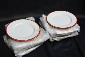 lot 46 image: Elegant White Dinner Plates with Red and Gold Trim - Set of 8