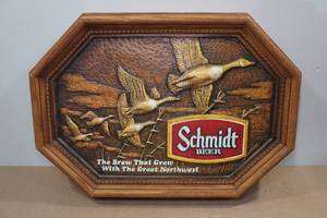 lot 146 image: Vintage Faux Wood Schmidt Beer Sign