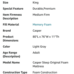 lot 1 image: Casper Original Memory Foam King Size Mattress
