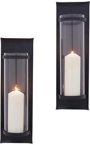 lot 408 image: Danya B. Wrought Iron Rectangle Pillar Candle Sconces with Glass Inserts
