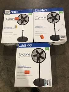 lot 12 image: Lot of 3 Lasko 18 in. 3 Speed Oscillating Pedestal Fan with Adjustable Height, Easy Assembly, and Quiet Cooling for Any Room in Black   Customer Returns See Pictures