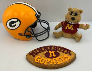 Misc. Vintage Minnesota Gophers Items & Green Bay Packers Plastic Football Helmet