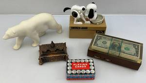 Vintage Misc. Items Including Transister Radio, Dog Bank CHOKEN BAKO Bank, Copper Bank, RC Playing Cards & More