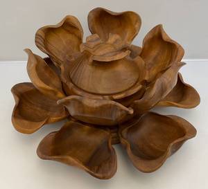 MCM Teakwood Monkeypod Lotus Hand Carved Wooden Lazy Susan Serving Dish