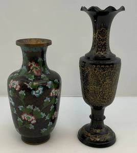 Vintage Chinese Cloisonne Vase 9 & Etched Brass & Black Enamel Vase 12