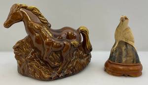 1950s Phil-Mar Brown Glazed TV Lamp (Has Small Crack In Back Missing Lamp) & Eagle Hand Carved From Animal Horn