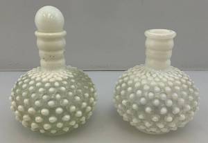 Vintage 30s-50s Fenton Hobnail Moonstone Perfume Bottles 1 With Stopper No Cork 1 Without Stopper