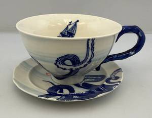 Vintage Anthropologie From The Deep Blue Octopus Porcelain Large Cup & Saucer Tea Set