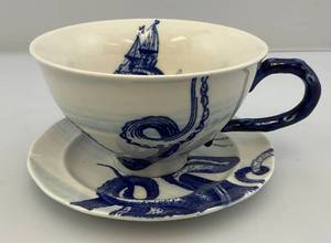 Vintage Anthropologie From The Deep Blue Octopus Porcelain Large Cup & Saucer Tea Set