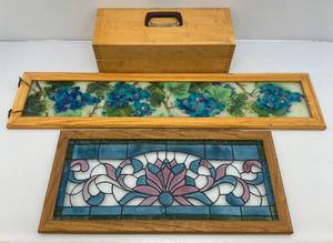 Vintage Hand Painted Stained Glass   Windows 1 9 x 40 1 12 x 26 & Vintage Wooden Box