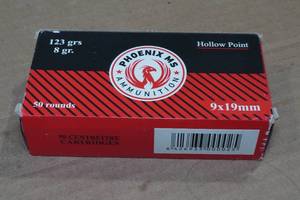 lot 206 image: 50 Phoenix MS 9mm Luger 123 Gr HP Ammo
