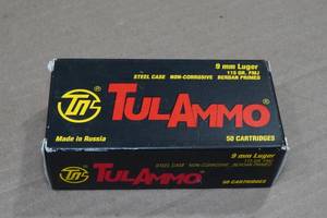 lot 208 image: 50 TulAmmo 9mm Luger 115 Gr FMJ Steel Case Ammo
