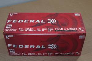 lot 236 image: 100 Federal Field & Target 12 Gauge 2-34 8 Shot Shotshells