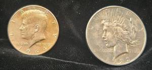 lot 32 image: 1923 Peace Dollar and 1964 Silver Kennedy Half Dollar