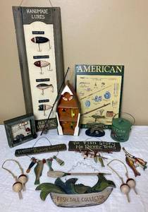 lot 96 image: Fishing Dcor Lot - Metal Sign, Bait & Tackle Tin, Fish and Boat and more