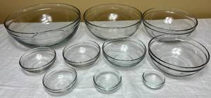 lot 30 image: Anchor Hocking Glass Mixing Bowls Complete 10 Clear Nesting Food Prep