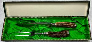 lot 9 image: Vintage Stag Horn Carving Set by Solingen Germany Rostfrei