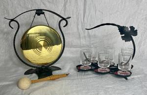 lot 73 image: Gong and Mallet with Stand and Vintage Metal Barware Shot Glass Holder