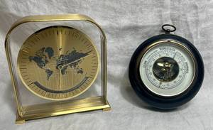 lot 94 image: Vintage West Germany Benchmark Quartz Rounded  Brass Mantel Desk World Clock and Antique Wood European Wall Barometer