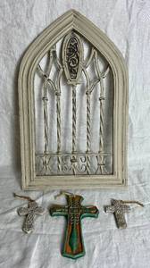 lot 106 image: Cathedral Window Wall Hanging and Three Pottery Crosses