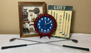 lot 97 image: Golfing Dcor Lot - Hall of Fame Golf Clock, Metal Golf Sign, Pitching Wedges and Golfing Shadow Box