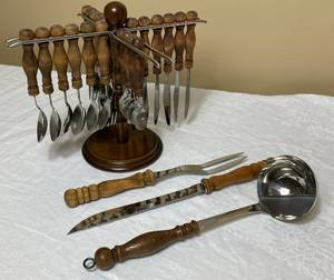 lot 109 image: Wooden Handles Silverware Set with Stand & Serving Utensils and Knife