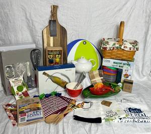 lot 101 image: NEW Kitchen Essentials - Kitchen Tools, Smart Portion Kit, Pepper Dish Set, Tea Bag Buddy, Crate & Barrel Bowl, Pampered Chef Timer, Salad Servers, Dish Towels and more