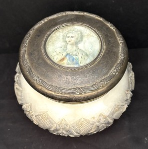 Vintage Glass Powder Vanity Jar with Powder Poof and Embossed Hand Mirror