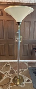 Pair of Vintage Hollywood Regency Style Lucite and Brass Torchiere Floor Lamps
