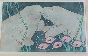 Framed Manatees Print by Mitzi Johnston
