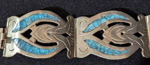 Pair of Mexican Sterling Silver and Stone Cuff Bracelets