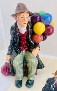 Vintage Royal Doulton The Balloon Man and Woman Figurines and Painted Towel