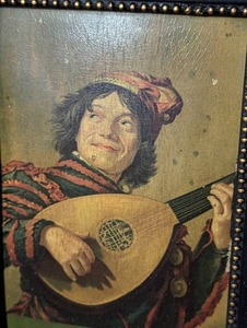 Small Framed Oil on Board Buffoon Playing a Lute Painting by Frans Hals (Copy)