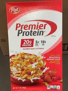 lot 24 image: Lot of 8 Post Premier Protein Cereal Boxes - Mixed Berry Almond