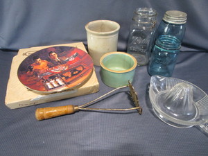 IGA Plate, Blue Jars, Reamer, Crocks