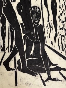 lot 8 image: Original Block Print on Art Paper  Slaves  by CAROL PINSKY Unsigned Unframed