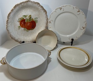 lot 21 image: White Porcelain Gold Accented Plates & Casserole Including Lenox, Haviland, Limoges & JSC Heirloom
