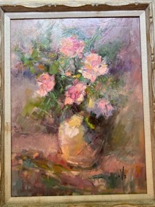 lot 45 image: Original Oil Painting of Pink Roses  In The Pink Flowers in a Vase Original by Artist Linda LaVie Still Life Art