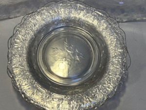 lot 56 image: Vintage Clear Etched Glass Plates with Sculpted Edges
