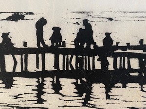 lot 67 image: Art Piece Signed Block Print Fishing Pier by CAROL PINSKY Signed The Pinskys